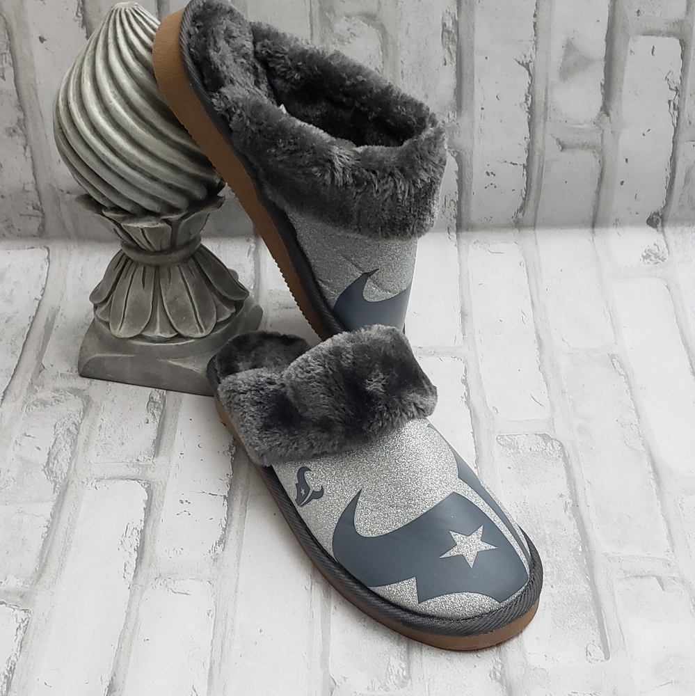 HOUSTON TEXANS WOMENS GLITTER OPEN BACK FUR MOCCASIN size 7/8